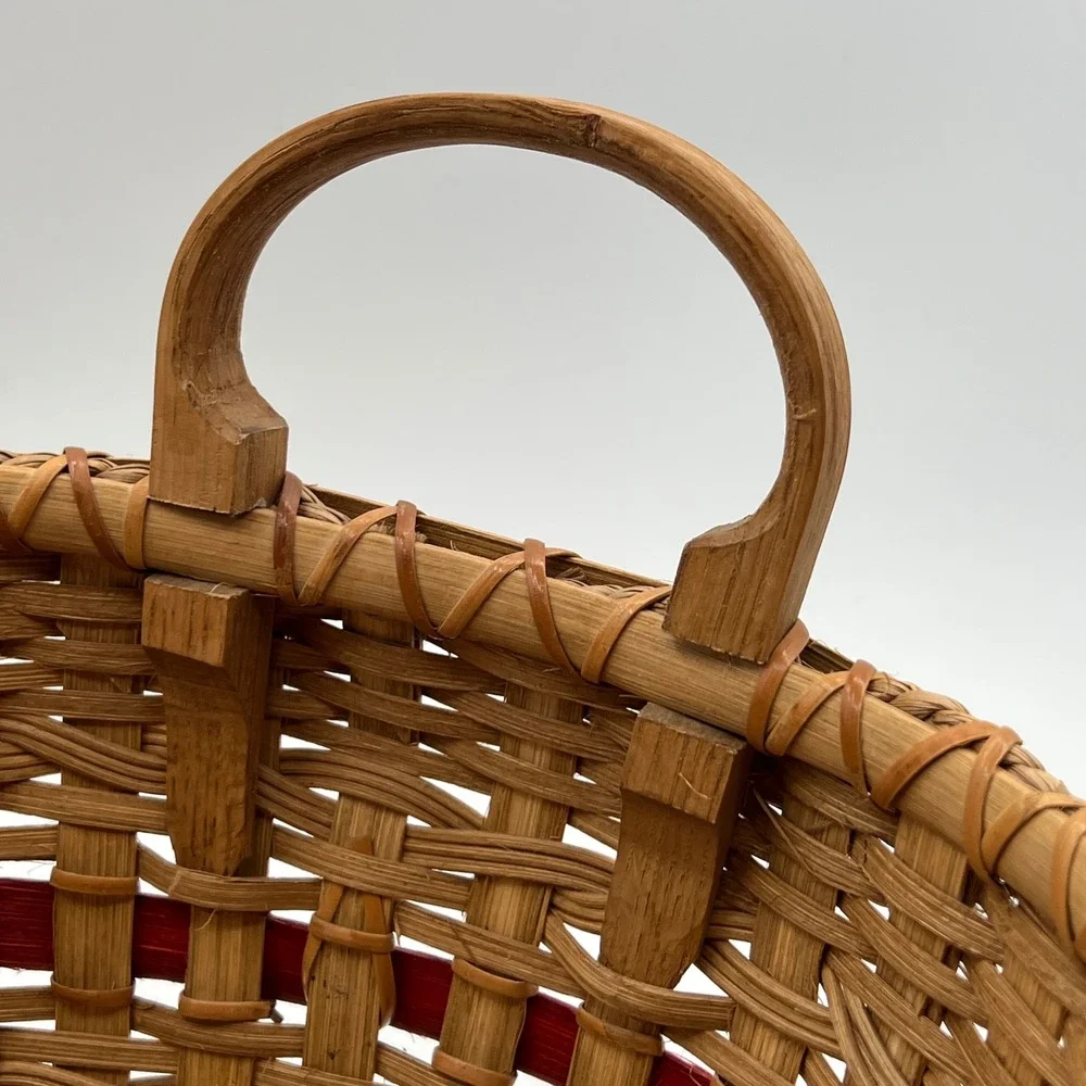 Handmade Round Woven Basket Wood Base Red Accent Band Bentwood Handles 11in